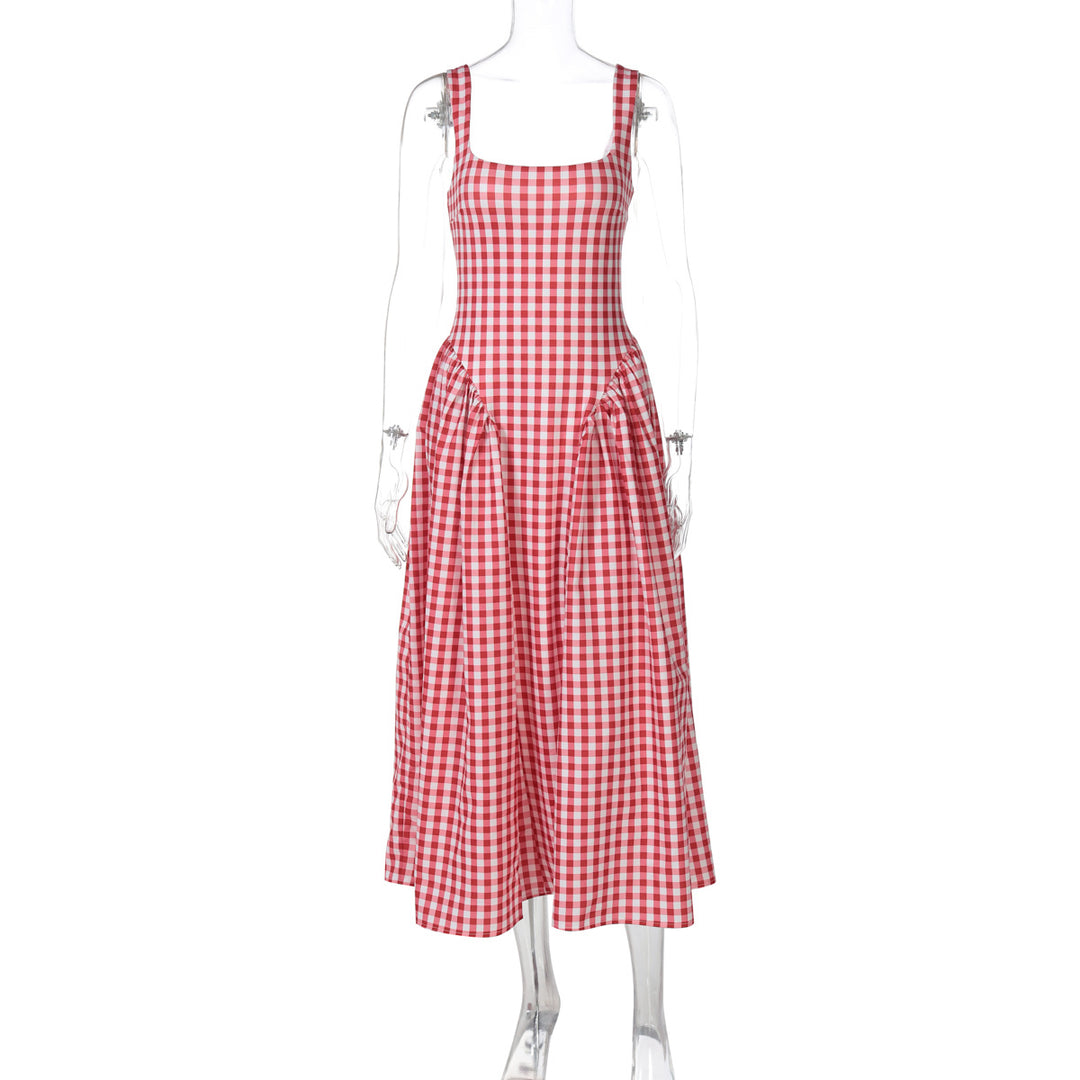 Damen Sommerliches Maxikleid mit Karo-Design und seitlichen Raffungselementen EB