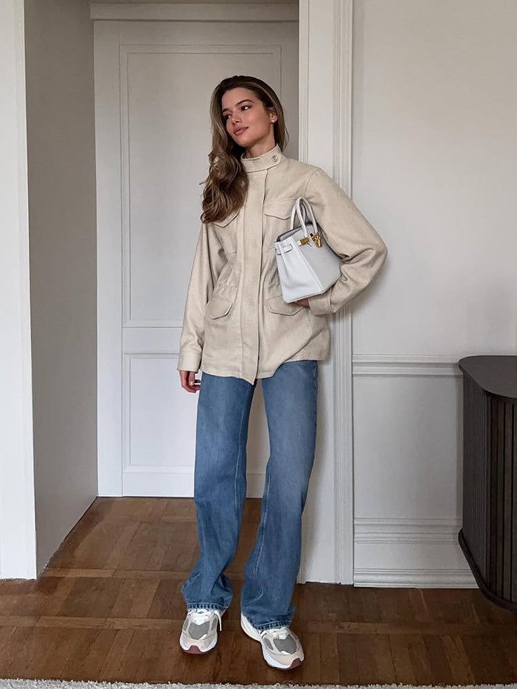 Damen lässige Utility-Jacke mit hohem Kragen und praktischen Taschen EB