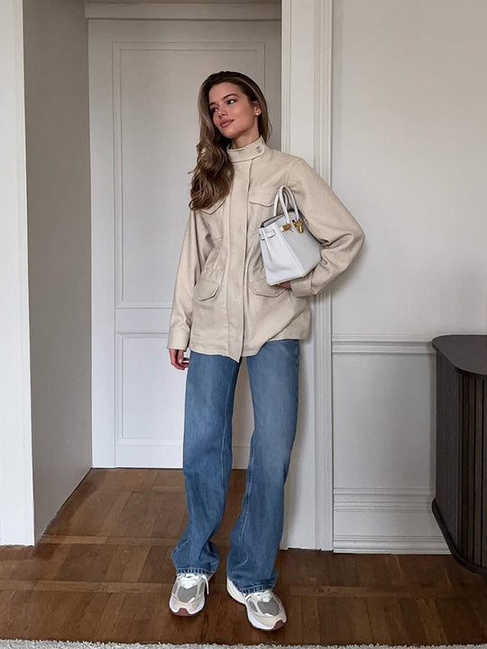Damen lässige Utility-Jacke mit hohem Kragen und praktischen Taschen EB