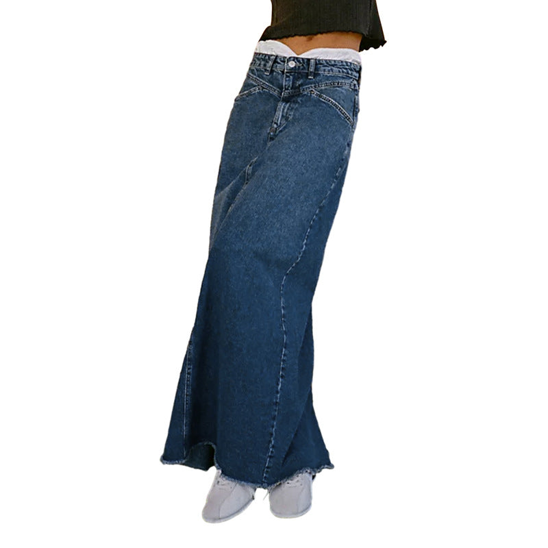 Damen Maxirock aus schwarzem Denim mit seitlichen Taschen und lässigem Schnitt EB