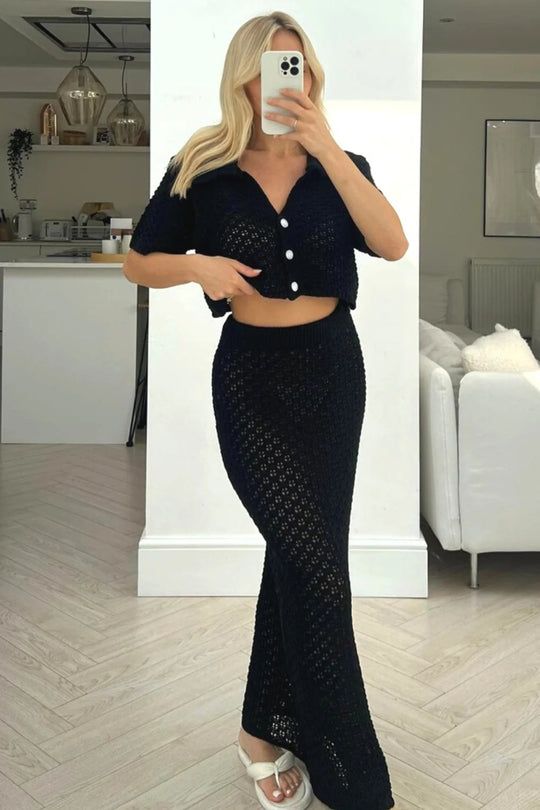 Damen Strick-Set mit offenem Cardigan und maxi Rock EB