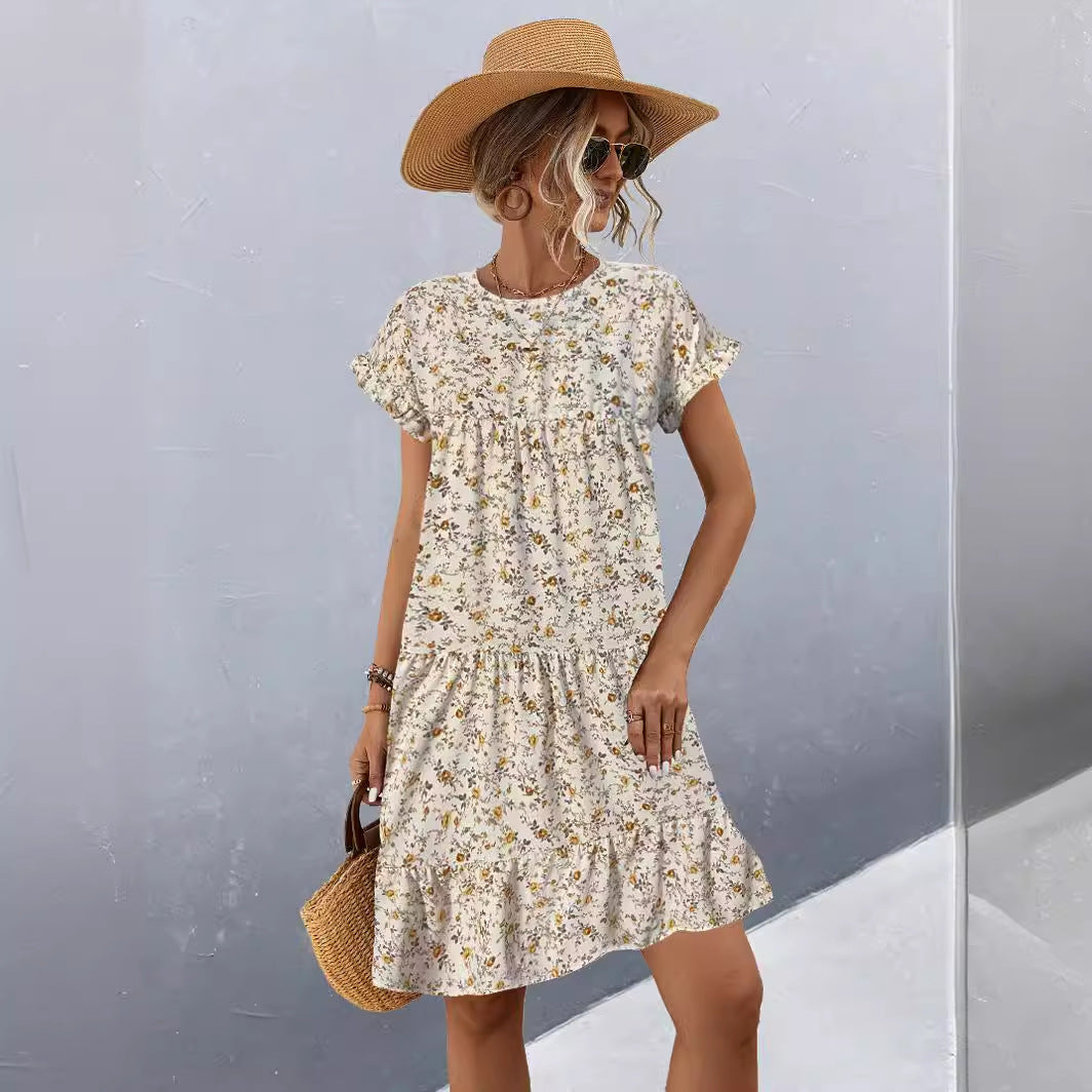 Damen Freizeitkleid mit voluminösem Rock und floralem Design EB