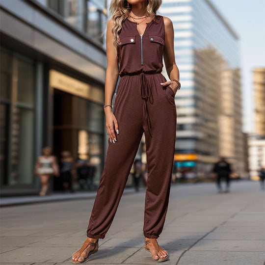 Damen Sportlicher Overall mit Reißverschluss und seitlichen Taschen EB