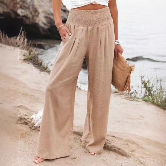 Damen Weite Leinenhose mit elastischem Bund und Falten EB