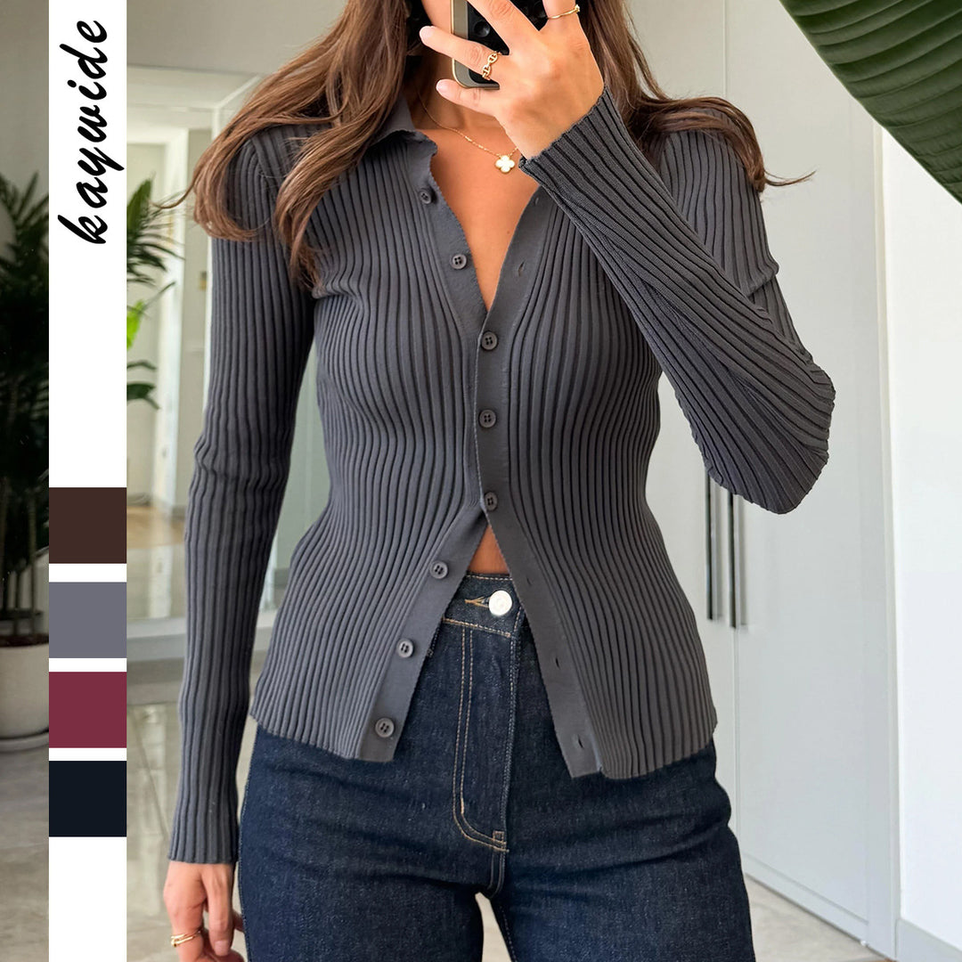 Damen nan taillierter Rippstrick-Cardigan mit verdeckter Knopfleiste und wellenförmigem Saum EB