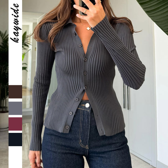 Damen nan taillierter Rippstrick-Cardigan mit verdeckter Knopfleiste und wellenförmigem Saum EB