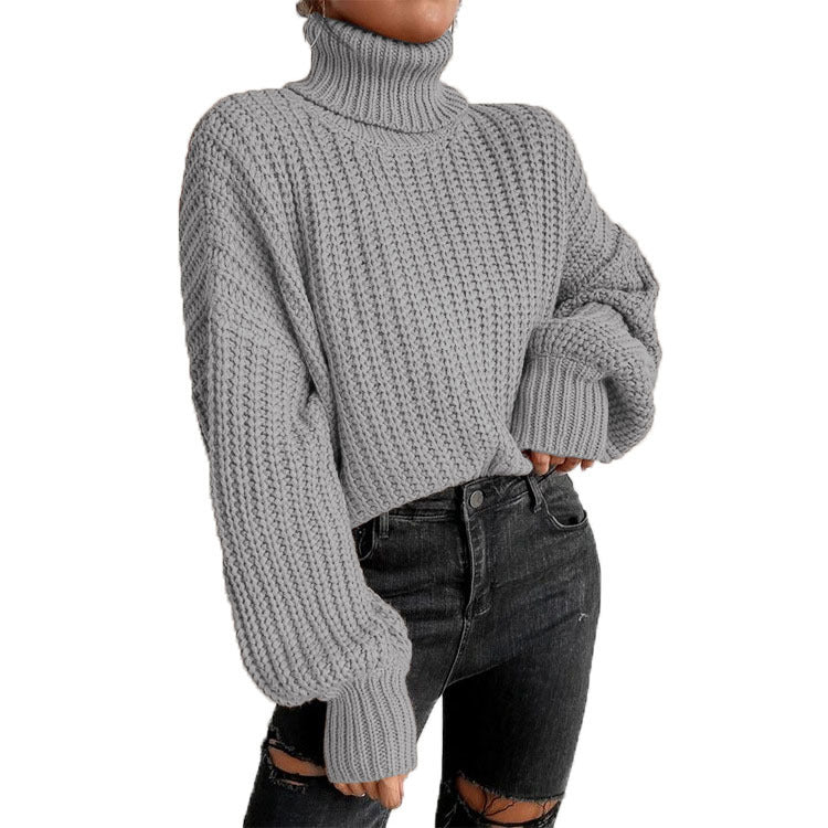 Damen Grobstrickpullover mit hohem Kragen und lässigem Schnitt EB