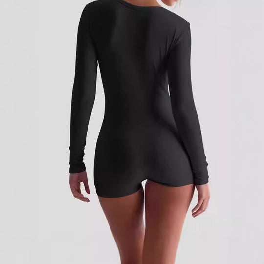 Damen Körperbetonter Langarm-Jumpsuit mit feinen Rippdetails EB