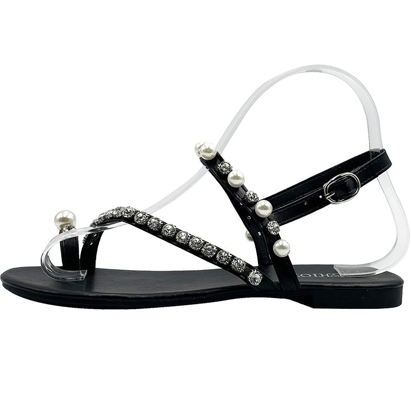 Damen elegante Flip-Flops mit perlverziertem Riemchen und Strass-Akzenten EB