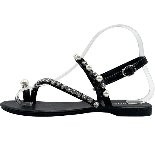 Damen elegante Flip-Flops mit perlverziertem Riemchen und Strass-Akzenten EB
