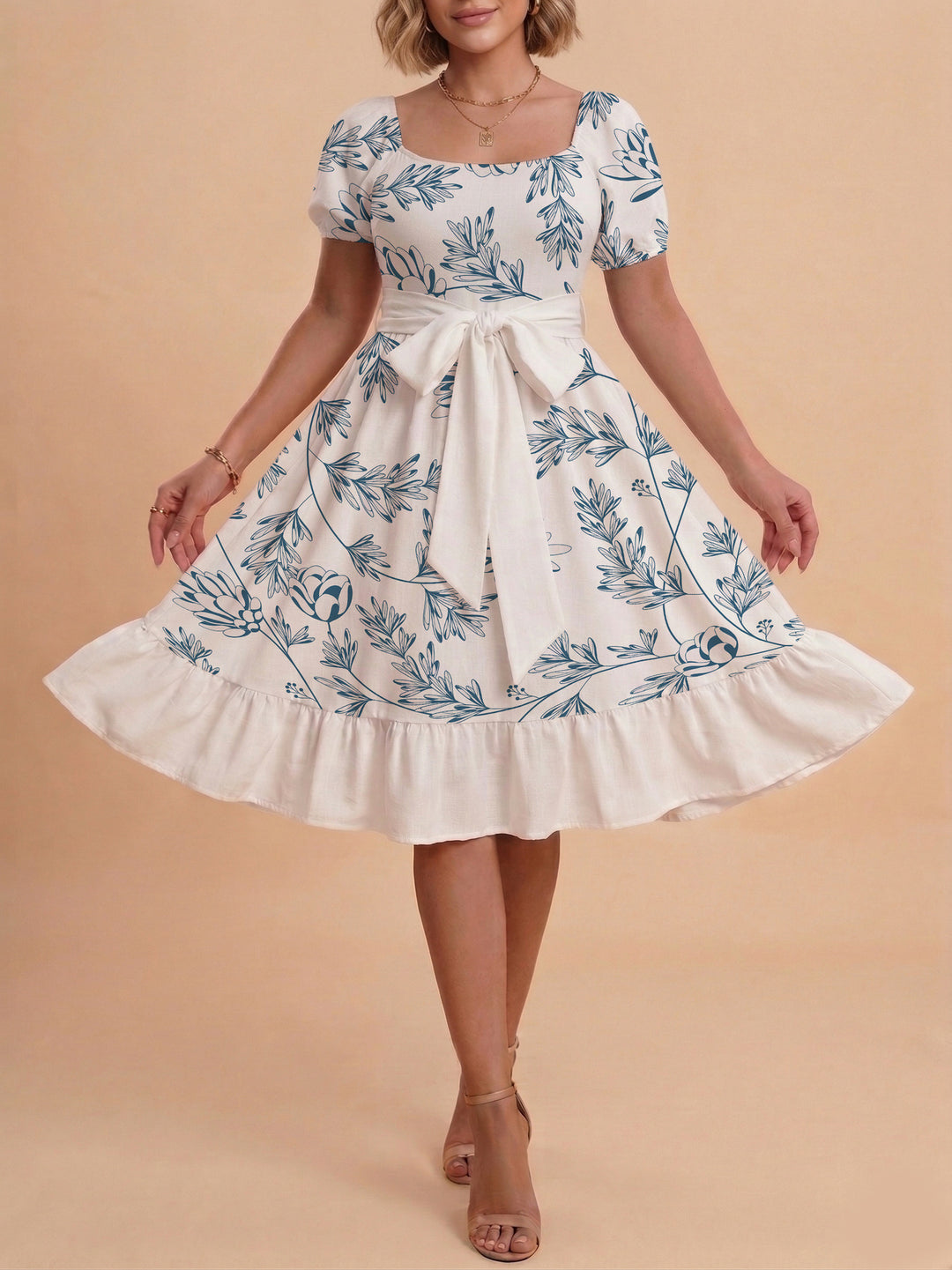Damen Midi Kleid mit elegantem Blumendruck und tailliertem Gürtel EB
