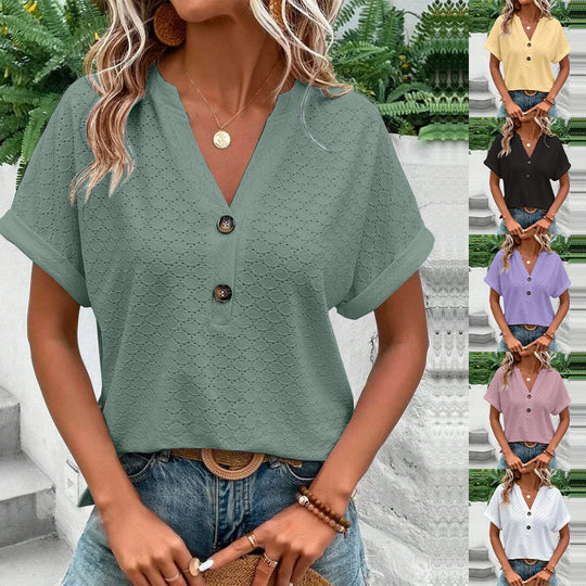 Damen modisches Kurzarm-Oberteil mit Knopfdetails und Struktur EB