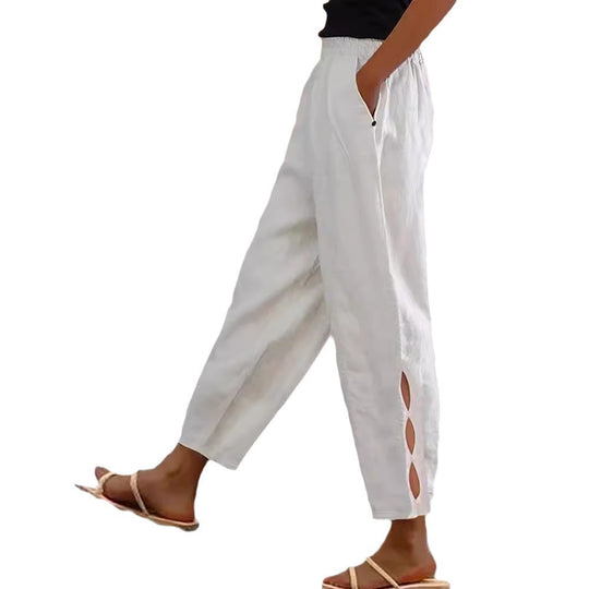 Damen Leichte Leinenhose mit seitlichen Schlitzen und elastischem Bund EB