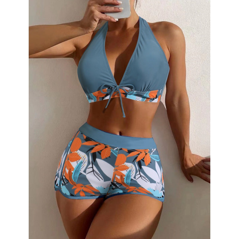Damen Hochgeschlossen Bikini mit verspieltem Blumenmuster EB