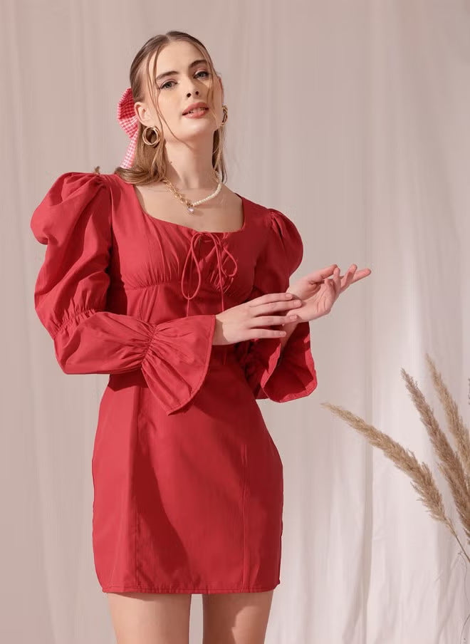 Damen Puffärmeliges Mini-Kleid mit eckigem Ausschnitt, Kordel-Bustier und Glockenärmeln EB