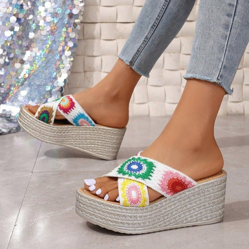 Damen Plateausandalen mit buntem Blumenmuster und rutschfester Sohle EB