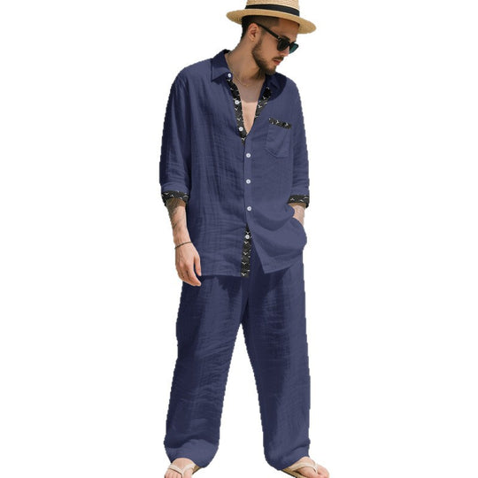 Herren Leinenoptik-Loungewear-Set mit Kordelzughose und offenem Hemdjacke EB