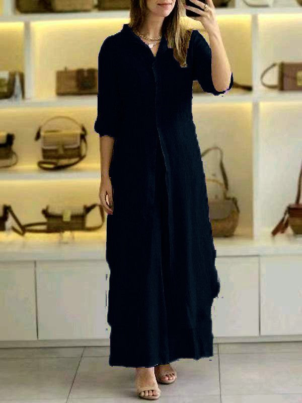 Damen nan langes Leinen-Hemdblusenkleid mit durchgehender Knopfleiste, Hemdkragen und dezentem A-Linien-Schnitt EB