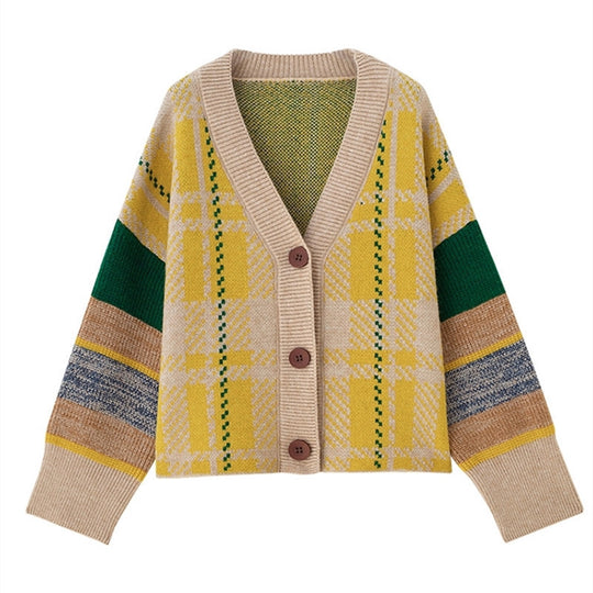 Damen Grobstrick-Cardigan mit buntem Karomuster und großen Holzknöpfen EB