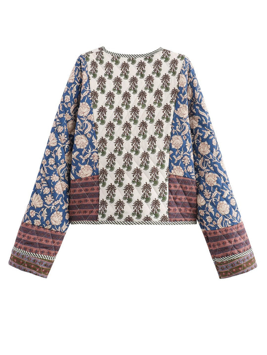 Damen Patchwork-Jacke mit floralen Mustern und weitem Schnitt EB