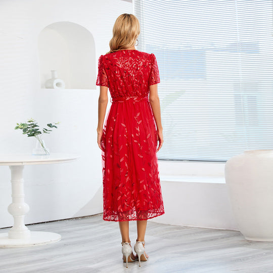 EB | Kurzärmliges Kreuz V-Ausschnitt Gürtel Midi Kleid