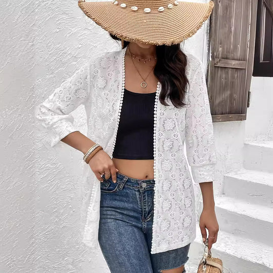 Damen nan luftiger Spitzenkimono Strandcardigan mit gehäkelter Bordüre EB