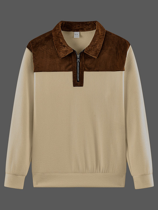 Unisex nan feinstrukturierter Strickpullover mit halbem Reißverschlusskragen und Samtbesatz EB