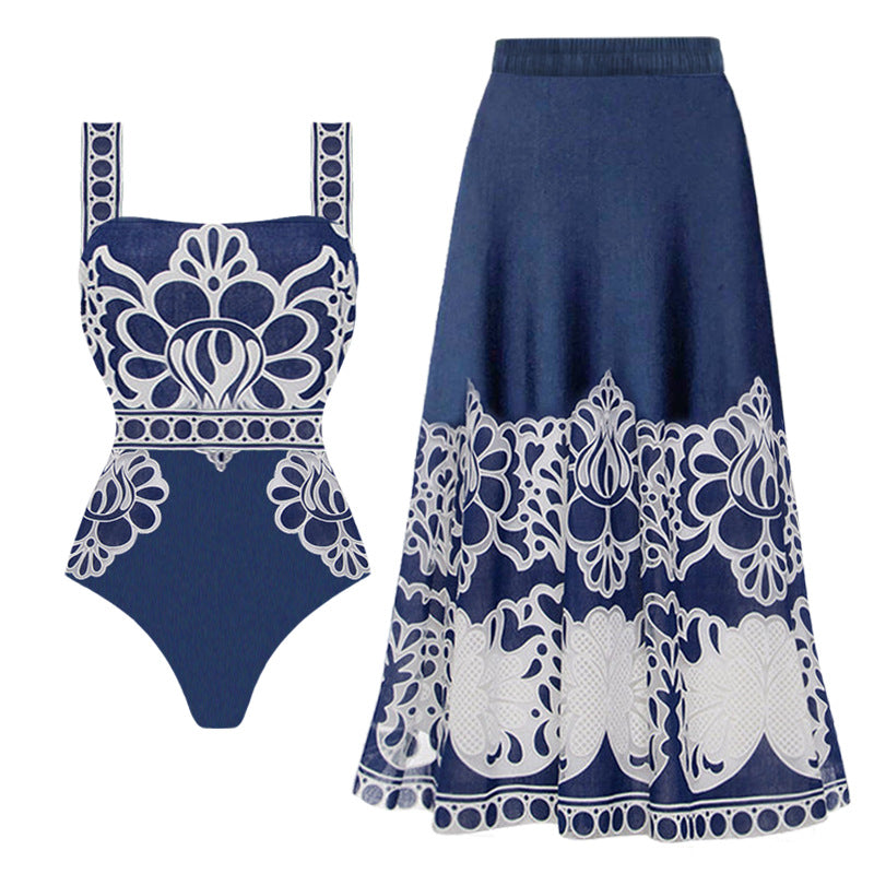 Damen eleganter einteiliger Badeanzug mit aufwendiger Spitzenverzierung EB