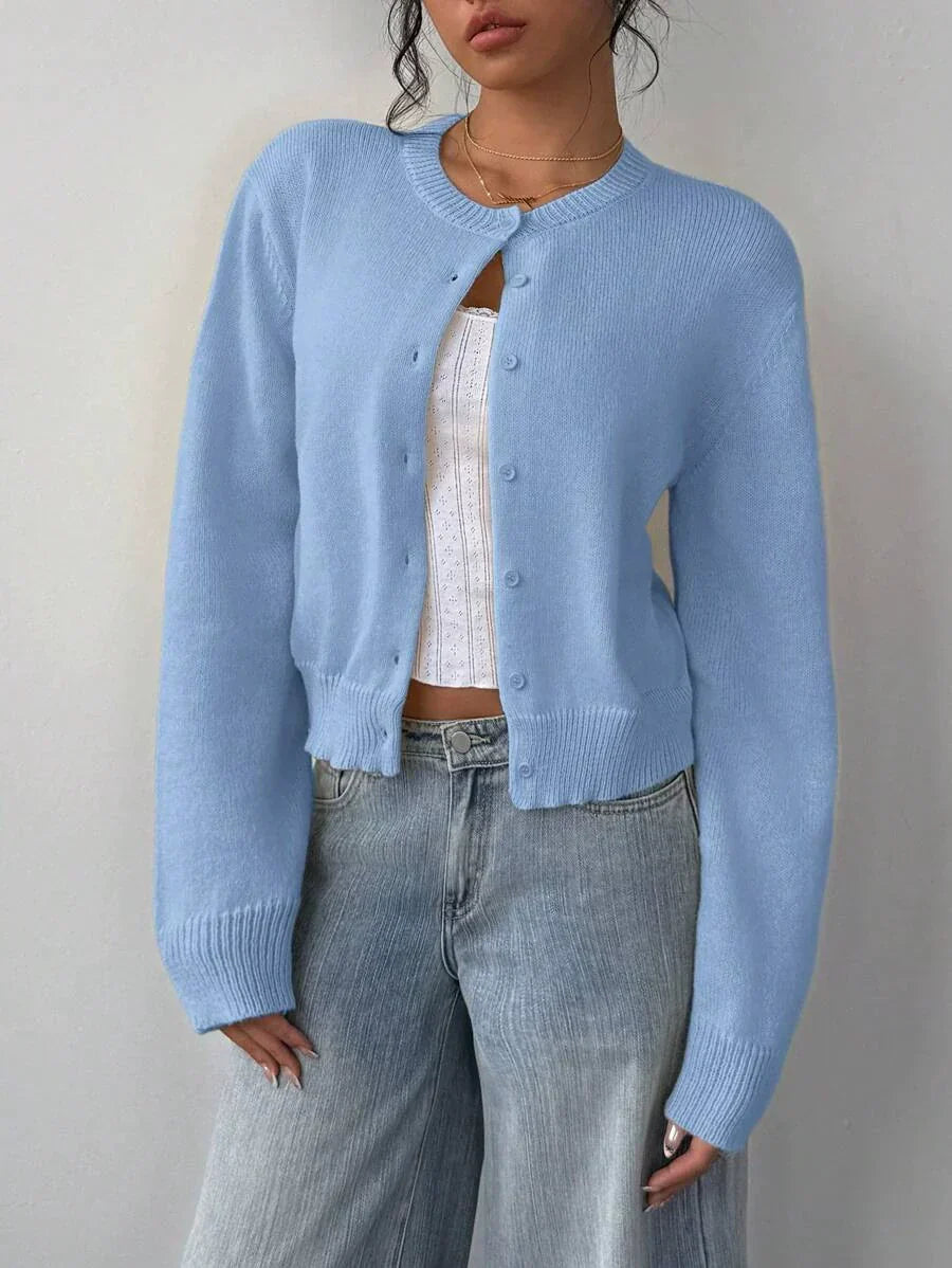 EB | Strickjacke Pullover Weiche Strickware Cropped Fit Knopf Front Rippensaum