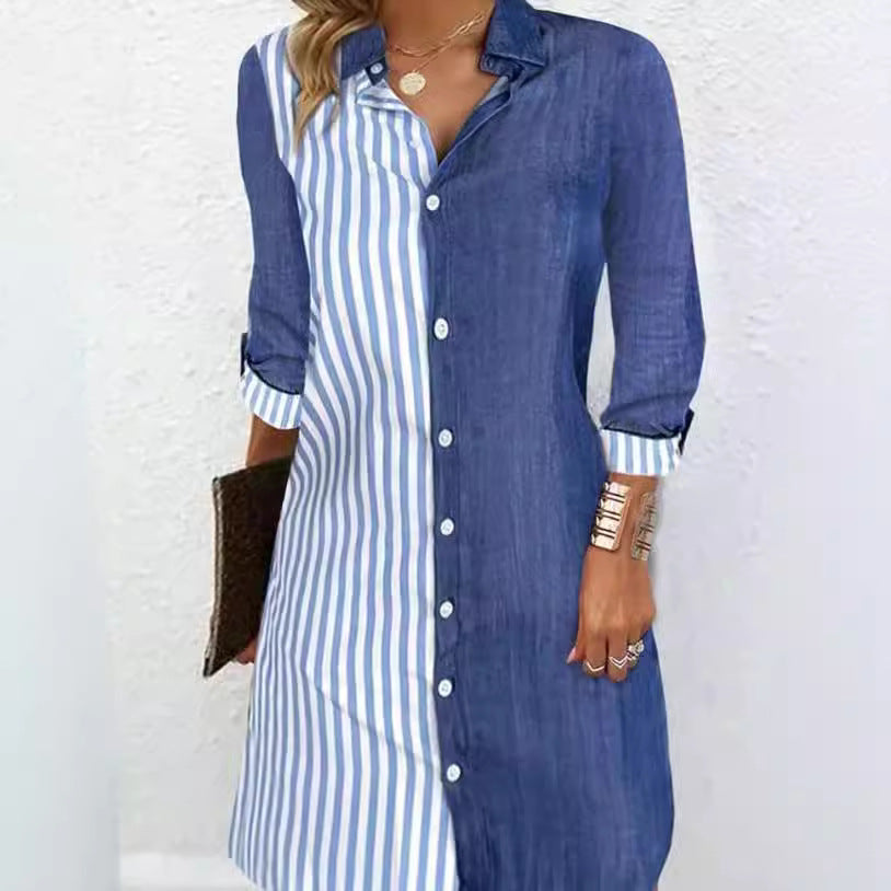 Damen Hemdblusenkleid mit farblich geteiltem Design und langen Ärmeln EB