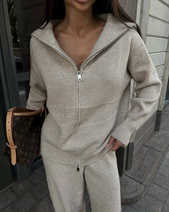 Damen Feinstrick-Loungewear-Set mit Zwei-Wege-Reißverschluss und weitem Umlegekragen EB