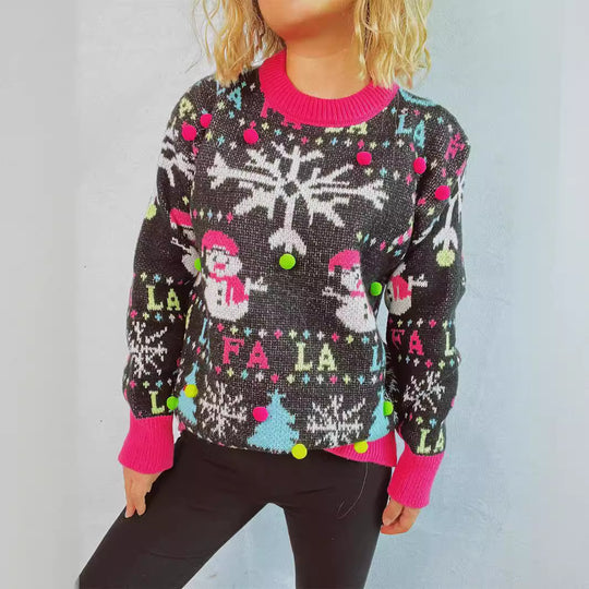 Damen festlicher Pullover mit bunten 3D-Applikationen und motivischem Design EB