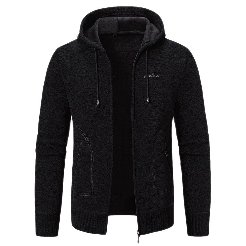 Herren nan warme Strickoptik-Zipjacke mit Teddyfutter, Kapuze und verdeckten Reißverschlusstaschen EB