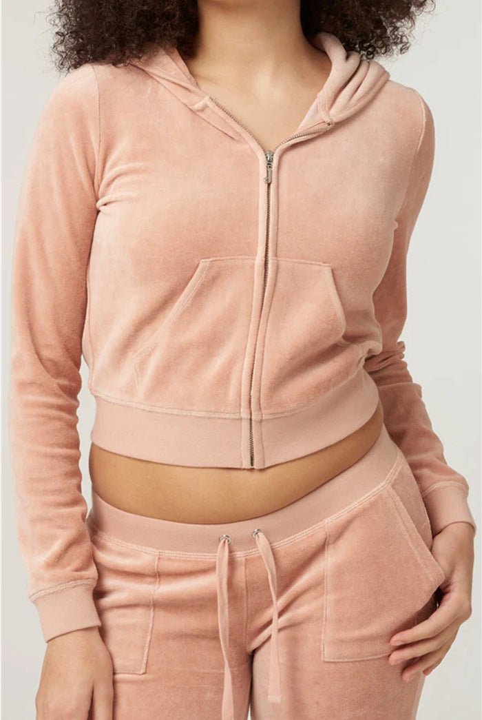 Damen Samtvelours Cropped-Zipjacke mit Kängurutasche und hochgeschnittener Bündchenhose Eichborn Berlin