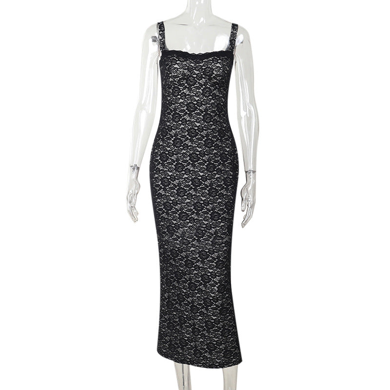 Damen figurbetontes Maxikleid mit eleganten Spitzenapplikationen EB