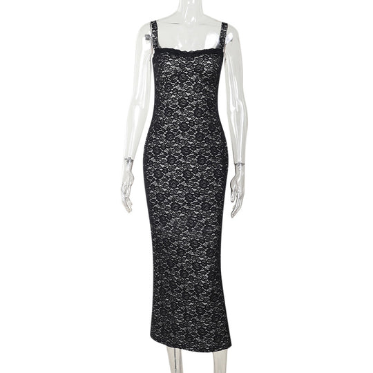 Damen figurbetontes Maxikleid mit eleganten Spitzenapplikationen EB