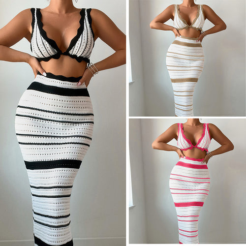Damen Häkel-Crop-Top und Maxirock Set EB