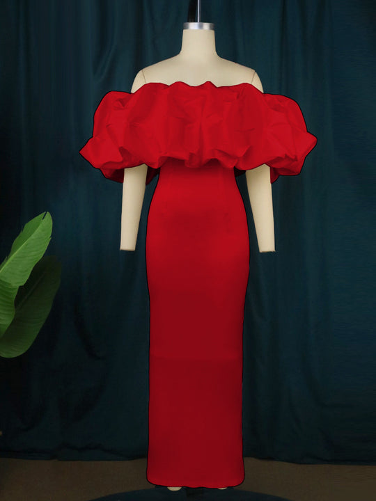Damen Elegantes Off-Shoulder Maxikleid mit voluminösen Rüschensäumen EB