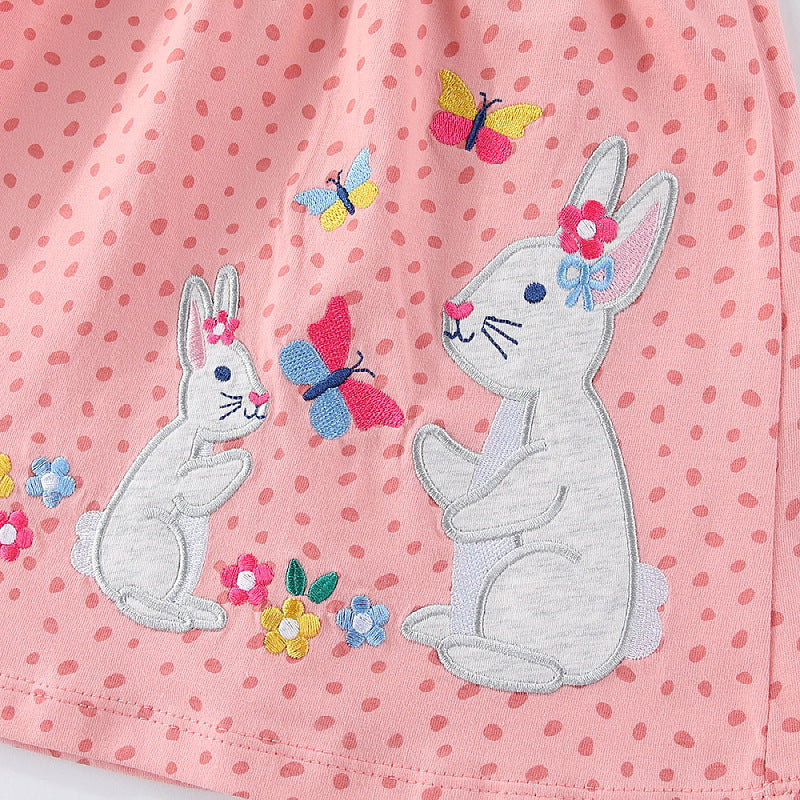Mädchen Langarmkleid mit niedlichen Hasen- und Blumenapplikationen EB