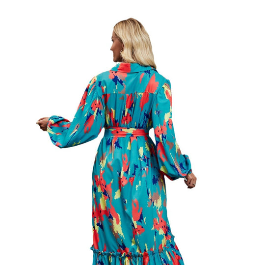 Damen Maxikleid mit voluminösen Ärmeln und schickem Bindegürtel EB