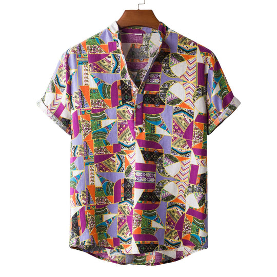 Herren Kurzarmhemd mit auffälligem Patchwork-Muster EB