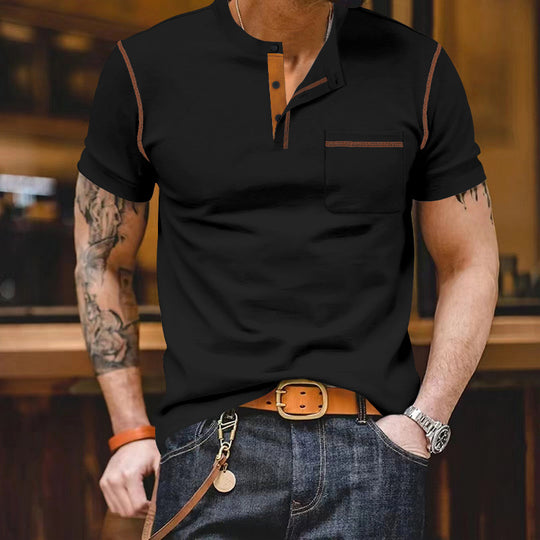 Herren nan urbanes Kurzarmshirt mit Stehkragen, halber Knopfleiste und Brusttasche EB