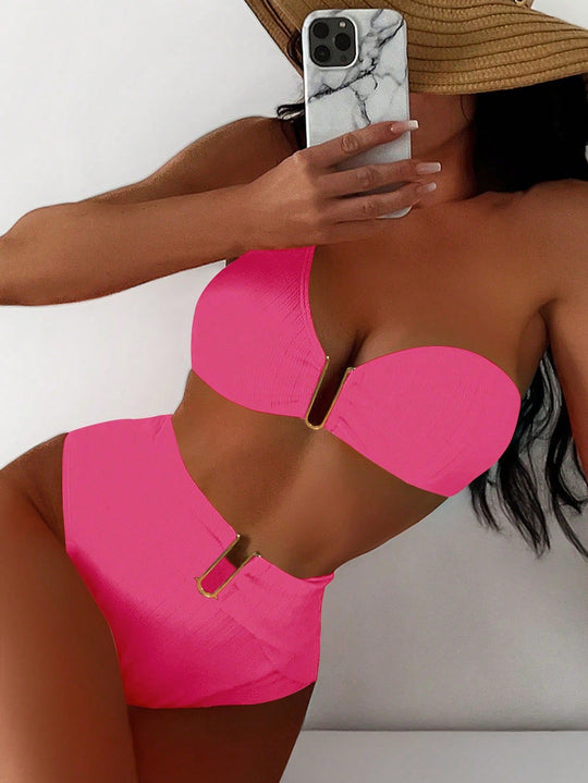 Damen High-Waist Bikini mit geschmackvollem Goldakzent EB