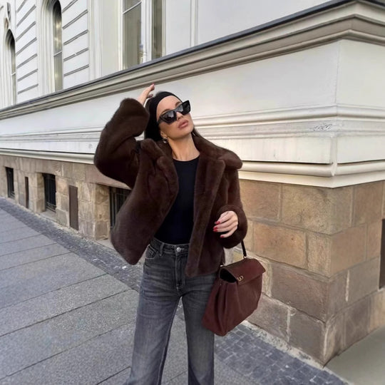 Damen Flauschige Kunstfelljacke mit elegantem Kragen und offenem Schnitt EB