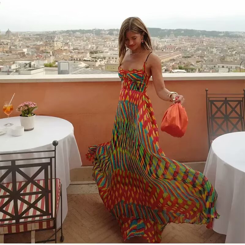 Damen Maxikleid mit auffälligem geometrischen Muster und verstellbaren Spaghetti-Trägern EB