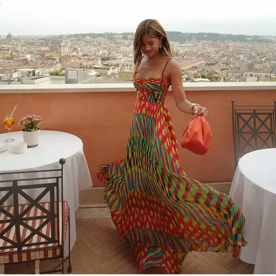 Damen Maxikleid mit auffälligem geometrischen Muster und verstellbaren Spaghetti-Trägern EB