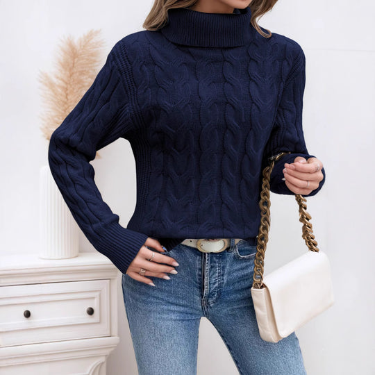 Damen Strickpullover mit hohem Kragen und Zopfmuster EB