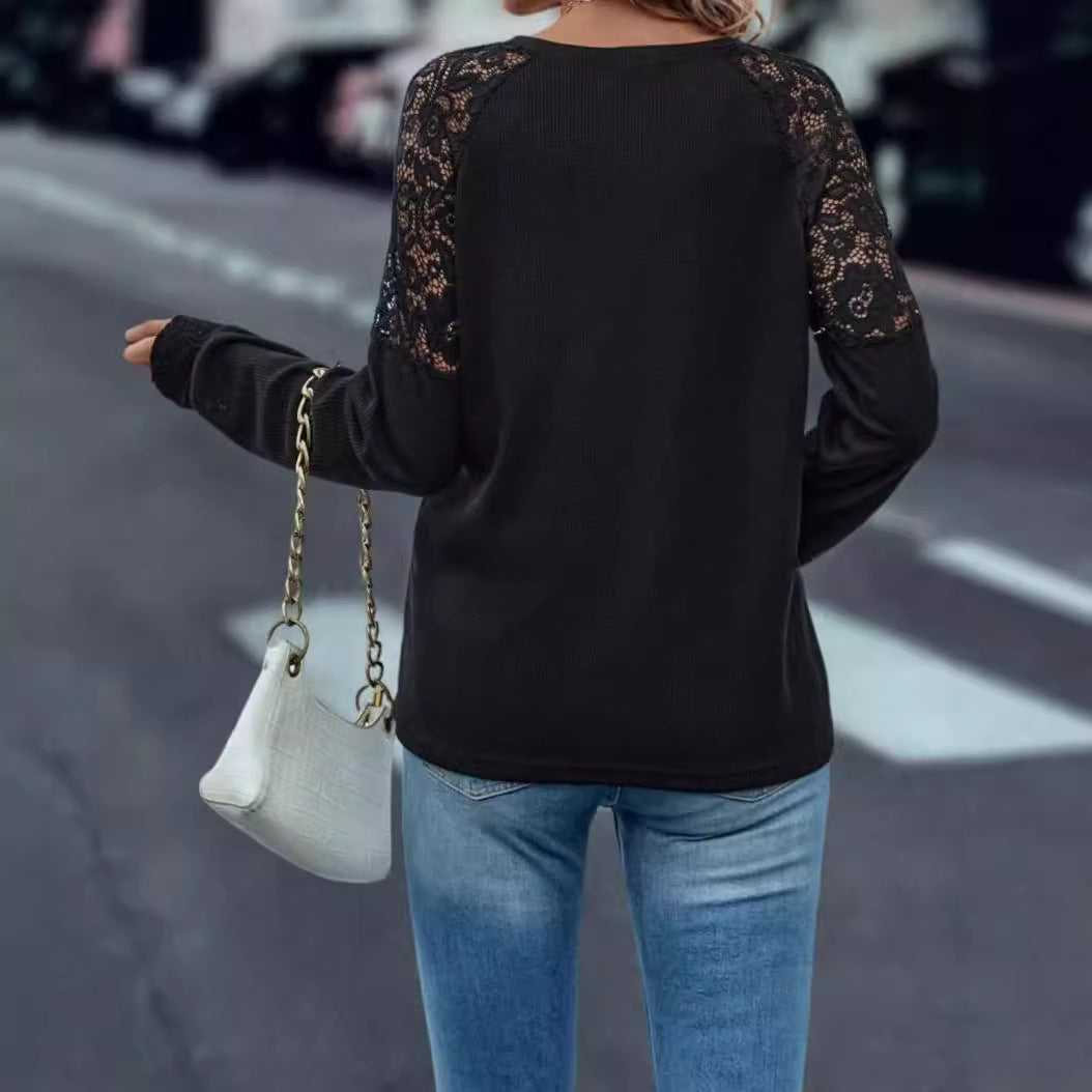 Damen V-Ausschnitt Pullover mit Spitzenärmeln EB