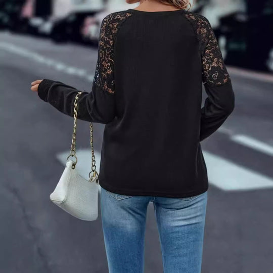 Damen V-Ausschnitt Pullover mit Spitzenärmeln EB