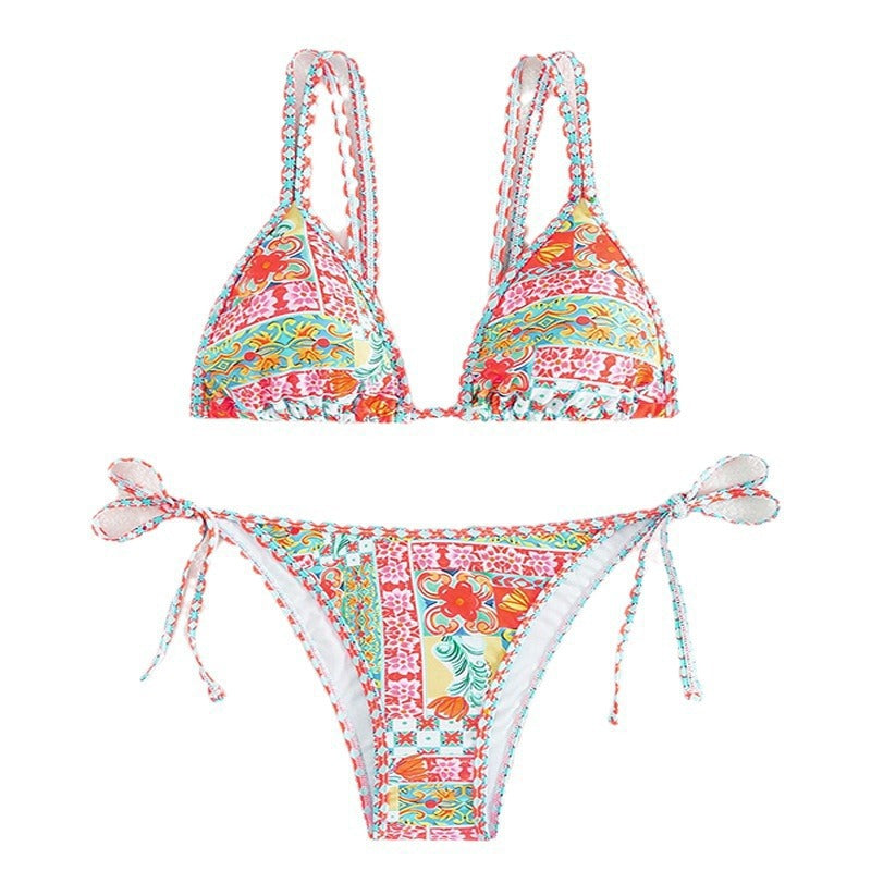 Damen Triangel-Bikini mit Raffungen und buntem Floral-Muster EB